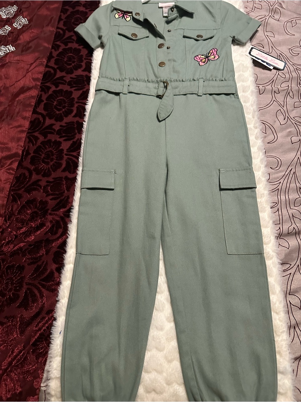 Little Lass Sage Green Short-Sleeve Utility Jumpsuit with Butterfly Patches